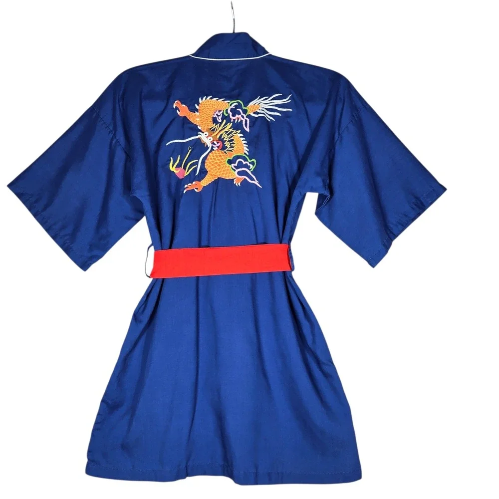 Vintage Health Shanghai China Embroidered Dragon Kimono Robe Blue Youth Size 8